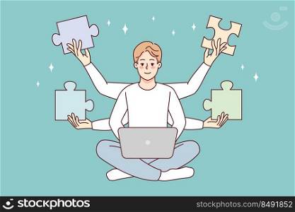 Man working on laptop solving business problem. Male employee with jigsaw puzzles above head use computer find issue solution. Vector illustration. . Man working on laptop solve business problem 