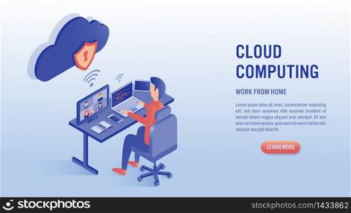 Man working on laptop with video conference concept. Work from home, coding, cloud computing and online meeting. Illustrations isometric flat vector design.