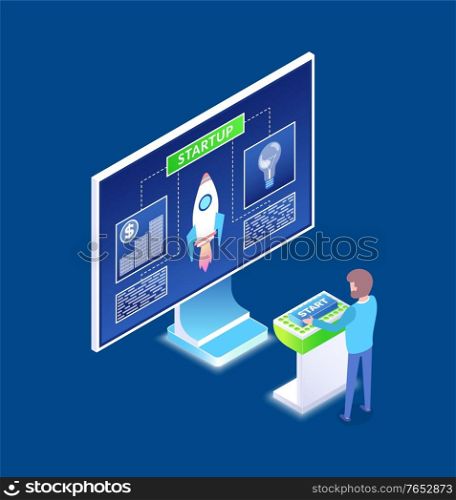 Man working on process vector, business startup and organization of working tasks, male with screen and information for job development rocket launching. Monitor with Charts and Information Man Coding