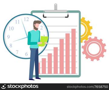 Man working on project time management vector, character with chart on clipboard. Clock and cogwheels symbolizing process and development at work. Time Management of Workflow Person with Document