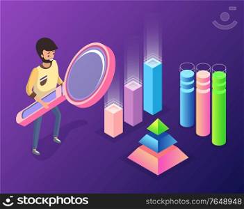 Man working on structure information vector, male at work holding magnifying glass in hands, looking at pyramids made of cubes, info charts and flowcharts. Man Holding Magnifying Glass Leading Research