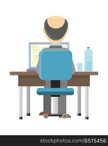 Man Working on the Computer. Bald man sitting at a desk and working on the computer, back view. Workplace, make money online, e-business, e-learning, concept. Man busy working on laptop computer. Vector illustration in flat.