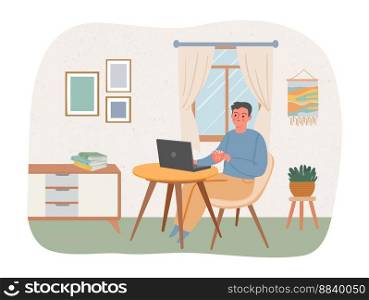 Man working online with laptop. Cheerful employee having distant job. Male character sitting at home and working remotely via internet. Developer or programmer with gadget, freelance concept vector. Man working online with laptop. Cheerful employee having distant job. Male character sitting at home and working remotely