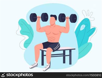 Man working out with dumbbells flat color vector faceless character. Weightlifter, bodybuilder training isolated cartoon illustration for web graphic design and animation. Weight lifting exercise. Man working out with dumbbells flat color vector faceless character