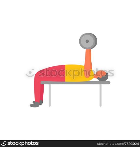 Man working out with heavy objects vector, male and barbell in gym. Person becoming stronger and keeping fit, athletics active lifestyle of character. Bodybuilder in Gym with Barbell, Athlete with Mass