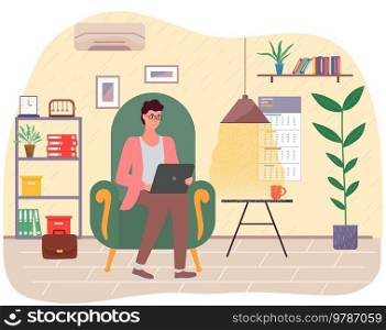 Man working person sitting in room and correspondence surfing Internet. Male character communicating through network on laptop. Freelance, work from home and home office concept, remote work. Man works with computer correspondence surfing Internet. Male character communicates through network