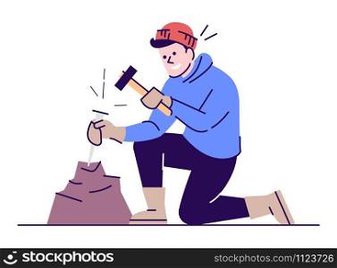 Man working with chisel and hammer flat vector illustration. Archeological excavations. Geological survey. Young caucasian researcher breaking stone cartoon character with outline on white background