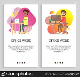 Man working with computer, wireless device, portrait view of worker using pc, desktop and monitor, employee sitting on workplace, office vector. Website or slider app, landing page flat style. Office Work, Man Using Computer, Worker Vector