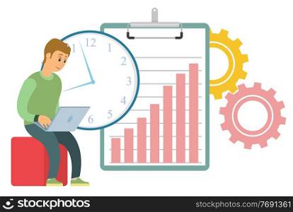 Man working with development of websites and webpages vector, man with laptop flat style. Person with computer and clipboard, cogwheel and time clock. Developer with Laptop Coder with Computer Deadline