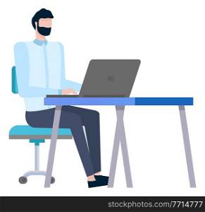 Man working with laptop and creative business idea or innovation. Worker communication with computer, employee typing on workplace, startup vector. Employee Working with Laptop, Creative Idea Vector