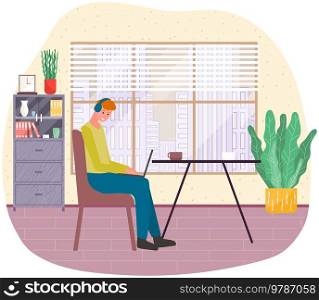 Man working with laptop at workplace. Remote work, programming, online freelancing. Male programer sits with digital technology, performs tasks in office. Company employee, computer technician. Man working with laptop at workplace. Company employee, computer technician freelancing online