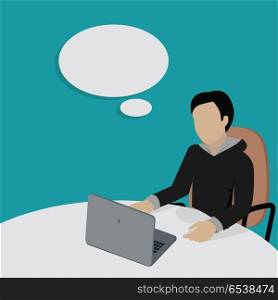 Man Working with Laptop in Office. Man working with laptop in office. Man in black sweater sitting at the table with empty dialog window. Isolated object in flat design on white background. Vector illustration