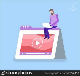 Man working with laptop, interface of video player, button play and turntable. Multimedia template with person isolated on blue with shadow vector. Man with Laptop, Interface of Video Player Vector
