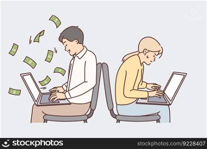 Man working with laptop makes money sitting near outsider woman who is experiencing financial difficulties. Concept of income disparity and gender discrimination affecting earning money. Man working with laptop makes money sitting near woman experiencing financial difficulties