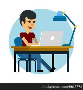 Man working with laptop on table. Flat design cartoon style