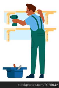 Man working with power drill. Repairman hanging shelves on wall. Vector illustration. Man working with power drill. Repairman hanging shelves on wall