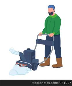 Man working with snowplow semi flat color vector character. Dynamic figure. Full body person on white. Winter season isolated modern cartoon style illustration for graphic design and animation. Man working with snowplow semi flat color vector character