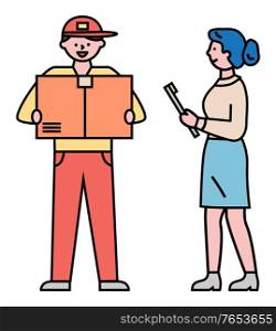 Man works as courier and delivering parcel to receiver. Guy in uniform carry carton box in hands. Transportation to destination and delivery packages. Vector illustration of shipment in flat style. Man Delivering Parcel to Woman, Shipment to Door