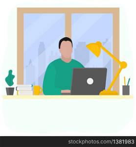 Man works at a laptop. Fashion trend vector illustration, flat design.. Man works at a laptop. Fashion trend vector illustration, flat design
