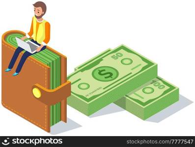 Man works on laptop in banking. Money, bills and foreign currency concept. Businessman with laptop sitting on wallet and working with finances. Banker counts money in bank using his computer. Man with laptop sitting on wallet and working with finances. Banker counts money using his computer