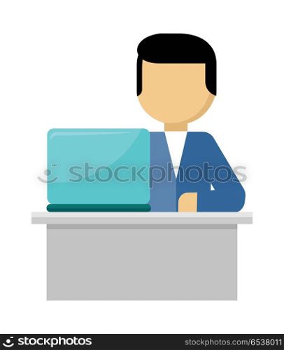 Man Works with Laptop and Analyzes Website. Vector. Man works with laptop and analyzes website in flat design style. Developing solution, software development or construction. Search of innovations. Office worker with notebook. Vector illustration