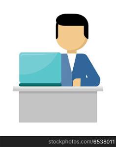 Man Works with Laptop and Analyzes Website. Vector. Man works with laptop and analyzes website in flat design style. Developing solution, software development or construction. Search of innovations. Office worker with notebook. Vector illustration
