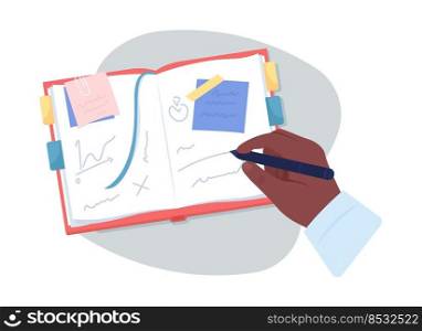 Man writing in notebook 2D vector isolated illustration. Business planning flat first view hand on cartoon background. Work colourful editable scene for mobile, website, presentation. Man writing in notebook 2D vector isolated illustration