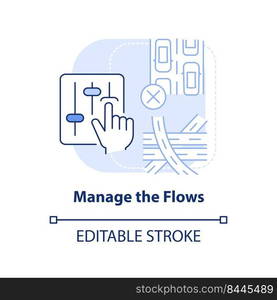 Manage flows light blue concept icon. Traffic regulation. Coping with overcrowding abstract idea thin line illustration. Isolated outline drawing. Editable stroke. Arial, Myriad Pro-Bold fonts used. Manage flows light blue concept icon