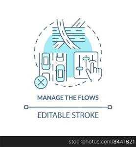 Manage flows turquoise concept icon. Traffic regulation. Coping with overcrowding abstract idea thin line illustration. Isolated outline drawing. Editable stroke. Arial, Myriad Pro-Bold fonts used. Manage flows turquoise concept icon