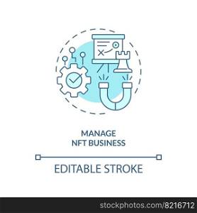 Manage NFT business turquoise concept icon. Patrons engagement. Minting process abstract idea thin line illustration. Isolated outline drawing. Editable stroke. Arial, Myriad Pro-Bold fonts used. Manage NFT business turquoise concept icon