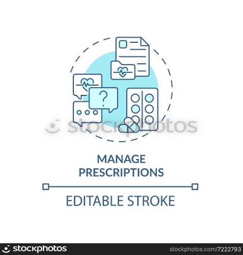 Manage prescriptions blue concept icon. Annual checkup abstract idea thin line illustration. Personal treatment recommendations. Patient record. Vector isolated outline color drawing. Editable stroke. Manage prescriptions blue concept icon
