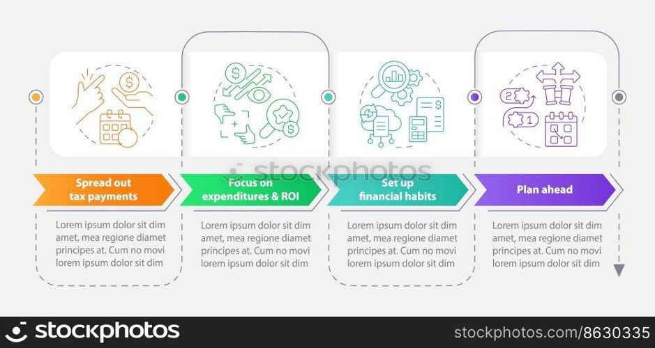 Manage small business finance guide rectangle infographic template. Data visualization with 4 steps. Editable timeline info chart. Workflow layout with line icons. Myriad Pro-Bold, Regular fonts used. Manage small business finance guide rectangle infographic template