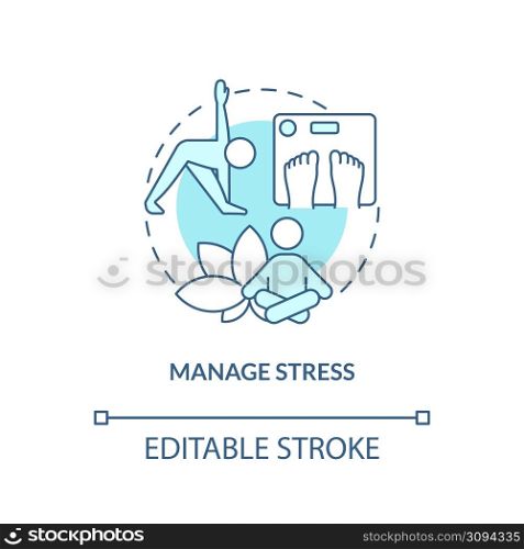 Manage stress turquoise concept icon. Maintaining weight after low carb diet abstract idea thin line illustration. Isolated outline drawing. Editable stroke. Arial, Myriad Pro-Bold fonts used. Manage stress turquoise concept icon