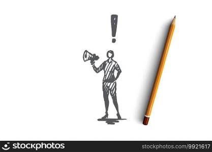 Manage, work, team, manager, leadership concept. Hand drawn manager with speaker concept sketch. Isolated vector illustration.. Manage, work, team, manager, leadership concept. Hand drawn isolated vector.