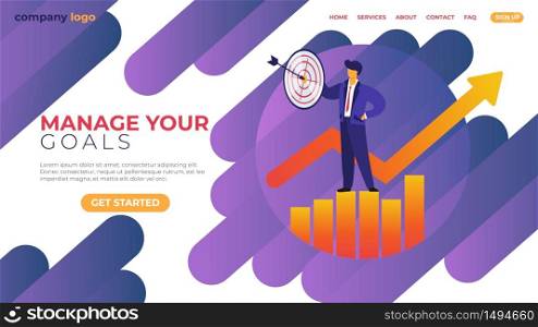 Manage Your Goal Horizontal Banner. Businessman in Formal Suit Stand on Growing Chart with Target and Arrow in Hand. Business Man Character Successful Strategy. Cartoon Flat Vector Illustration.. Manage Your Goal Horizontal Banner. Businessman