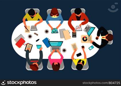 Managed team in office meeting at table top view vector illustration. Teamwork concept. Team at table office, meeting and management brainstorming. Managed team in office meeting at table top view vector illustration. Teamwork concept