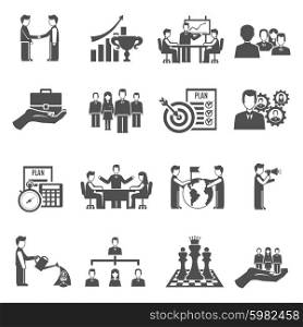 Management and business people teamwork black icons set isolated vector illustration. Management Icons Set