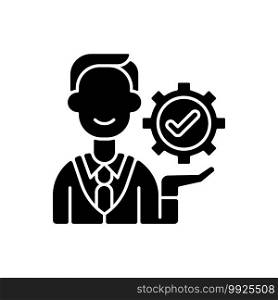 Management black glyph icon. Organization goals accomplishment. Forward planning and strategies. Problem solving and decision-making. Silhouette symbol on white space. Vector isolated illustration. Management black glyph icon