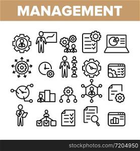 Management Collection Elements Icons Set Vector Thin Line. Business Planning And Presentation, Management Staff And Project Concept Linear Pictograms. Monochrome Contour Illustrations. Management Collection Elements Icons Set Vector