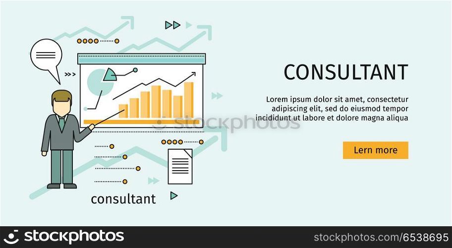 Management Consulting Banner. Management consulting banner. Consultant in business suit and tie making a presentation near whiteboard with infographics. Shows business graphs. Business consulting, business strategy concept.