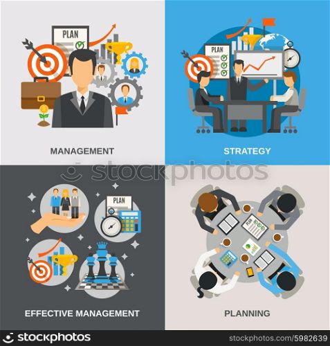 Management design concept set with effective planning flat icons isolated vector illustration. Management Flat Set