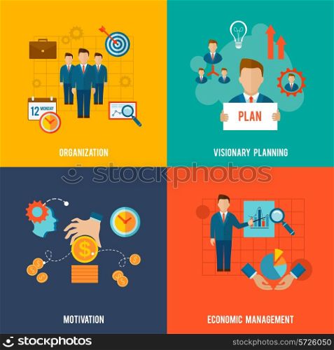 Management design concept set with organization visionary planning motivation flat icons isolated vector illustration