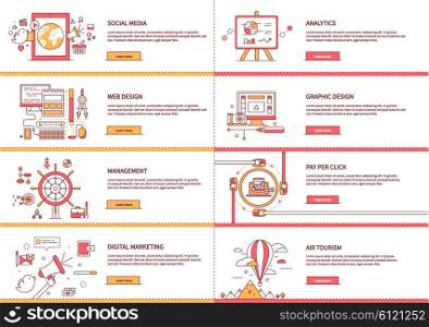Management Digital Marketing Analytic Social Media. Management digital marketing startup planning analytics design pay per click seo social media traveling tourism and development launch. Banners for websites flat design style. Infographic text. Market