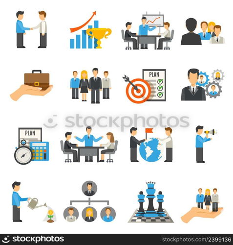 Management flat icons set with businessmen on work meeting and conferences isolated vector illustration. Management Icons Set