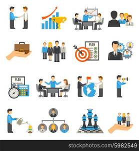 Management flat icons set with businessmen on work meeting and conferences isolated vector illustration. Management Icons Set