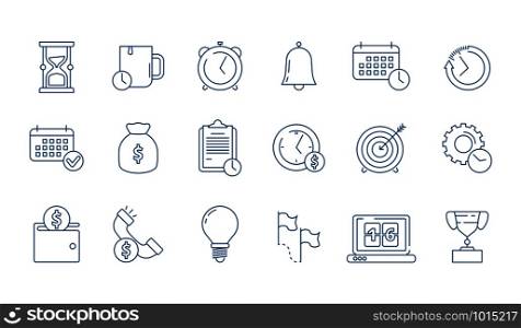 Management icon. Time save planning completed work productivity reminder checklist services vector linear business symbols. Illustration of time management, calendar and clock. Management icon. Time save planning completed work productivity reminder checklist services vector linear business symbols