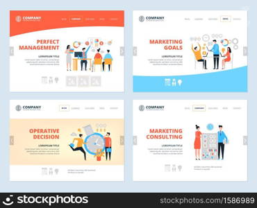 Management landing. Business website page layout organization goal marketing consultants managers team workspace vector landing. Illustration of marketing consulting professional, organization working. Management landing. Business website page layout organization goal marketing consultants managers team workspace vector landing