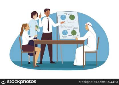 Management, meeting, business concept. Team group of international businessmen women coworkers managers having conference in office analysing data plan together. Coworking and teamwork illustration.. Management, meeting, discussion, business concept