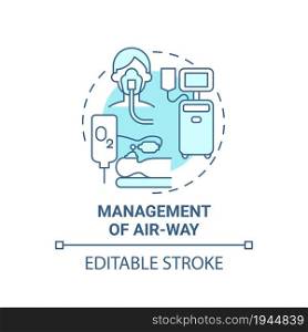 Management of air way blue concept icon. Pulmonary rehabilitation abstract idea thin line illustration. First aid medical procedure. Oxigenation. Vector isolated outline color drawing. Editable stroke. Management of air way blue concept icon