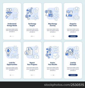 Management of energy use blue light onboarding mobile app screen set. Walkthrough 4 steps graphic instructions pages with linear concepts. UI, UX, GUI template. Myriad Pro-Bold, Regular fonts used. Management of energy use blue light onboarding mobile app screen set